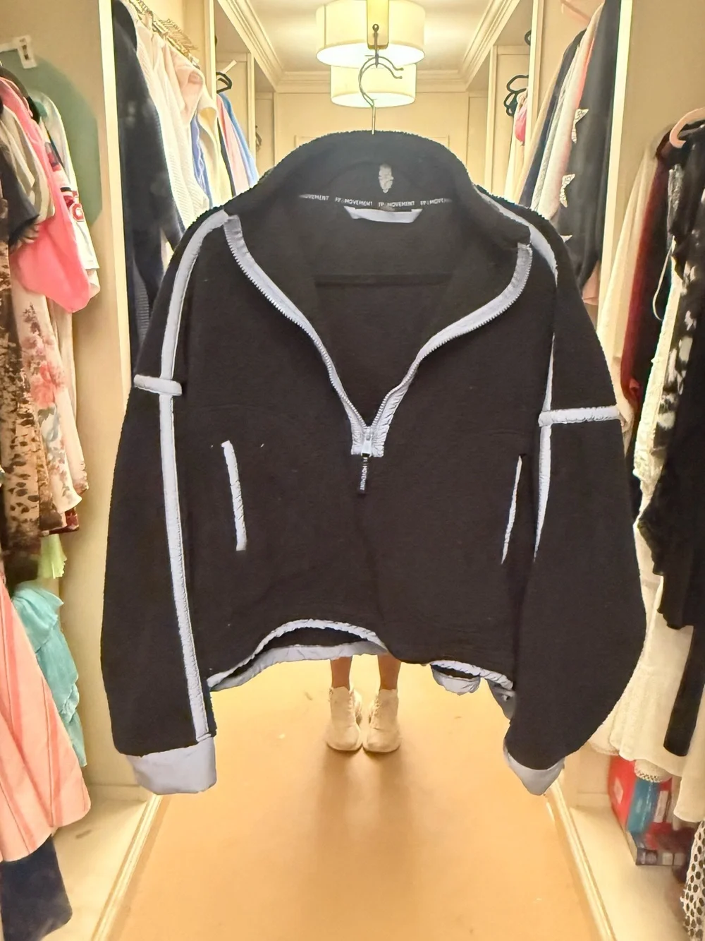 Free People Black Sherpa Half-Zip Jacket with Light Blue Trim